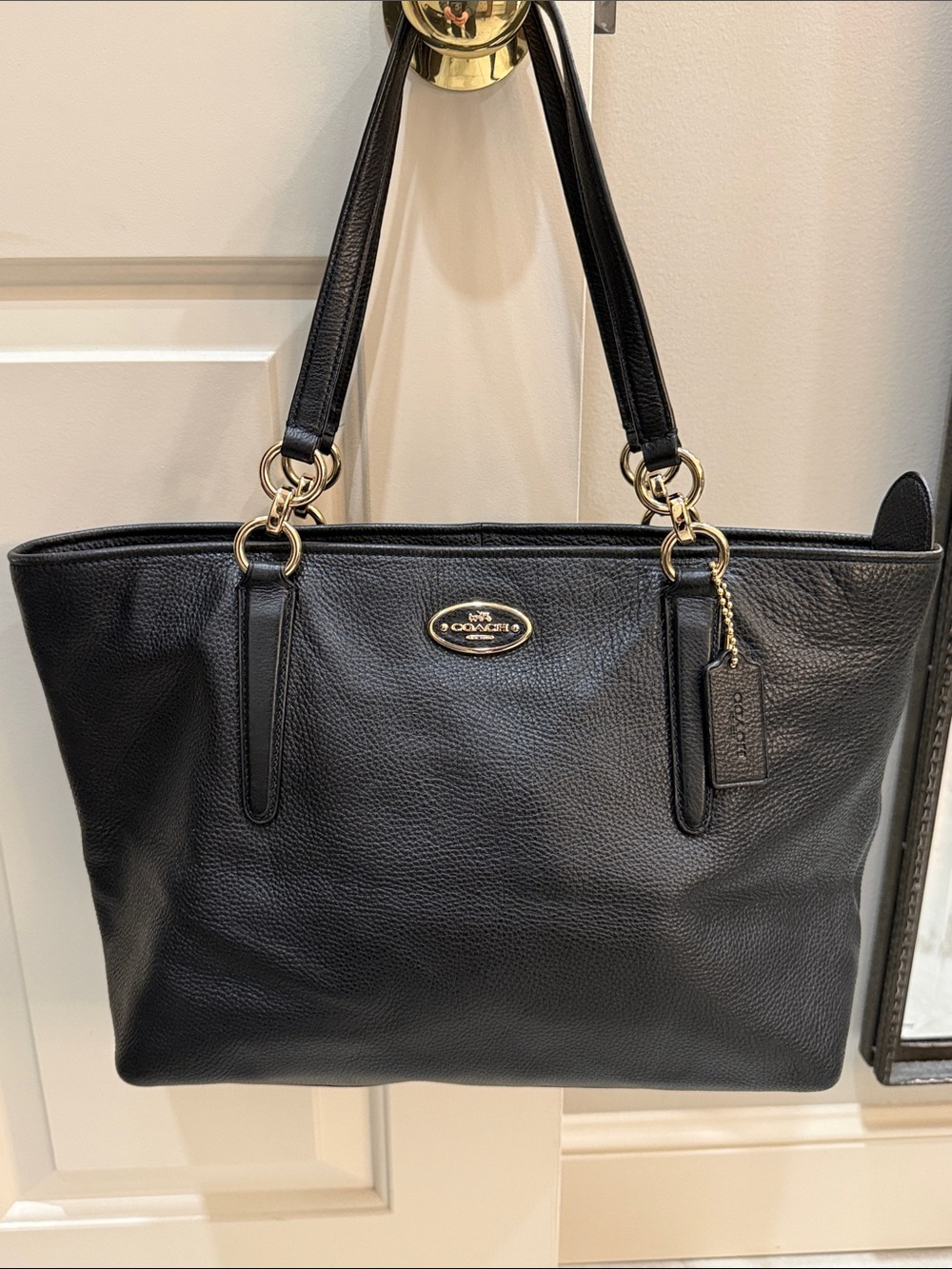 Coach Black Pebbled Leather Tote with Gold Accents